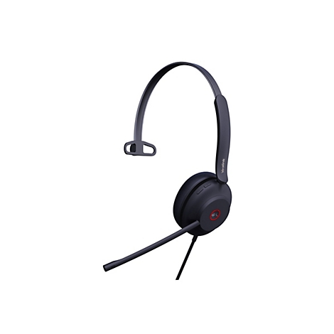 Dunkelgraues Headset mit Mikrofon, Logo Yealink, roter Knopf.