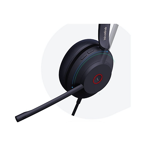 Dunkelblaues Headset mit Mikrofon, rotem Anruf-Symbol. Marke: Yealink.