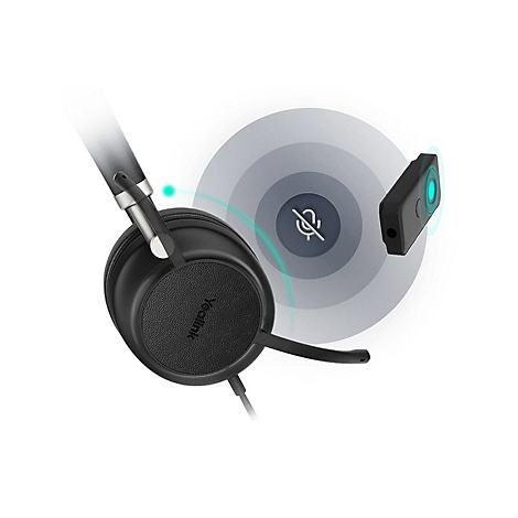 Schwarzes Headset mit Mikrofon und Mute-Symbol. Rechts daneben ein EmpfÃ¤nger. Die Farbe ist schwarz.