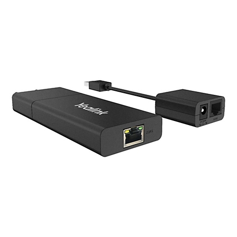 Adaptateur Yealink noir avec ports RJ45, câble USB-C et connexion d'alimentation.