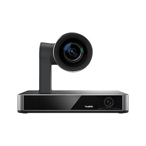 Une caméra de visioconférence noire avec un grand objectif et une base avec le mot Yealink.