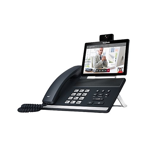 Téléphone vidéo noir avec écran. Une vidéoconférence est affichée sur l'écran. Le téléphone dispose d'un combiné et de boutons.