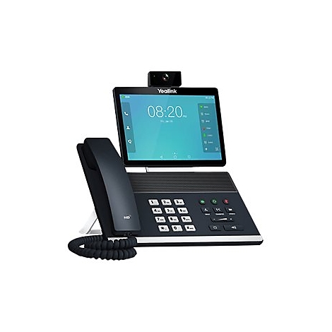 Téléphone vidéo noir avec écran, combiné et caméra ; heure 08h20.