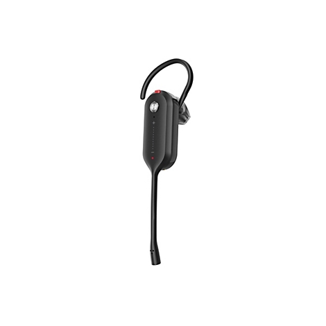 Schwarzes Headset mit Mikrofon, rotem Knopf und Ladestatusanzeige, vor weißem Hintergrund.