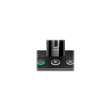 Nahaufnahme eines schwarzen Mikrofonständers mit drei beleuchteten Tasten: Bildschirm, Wellen und Telefon.