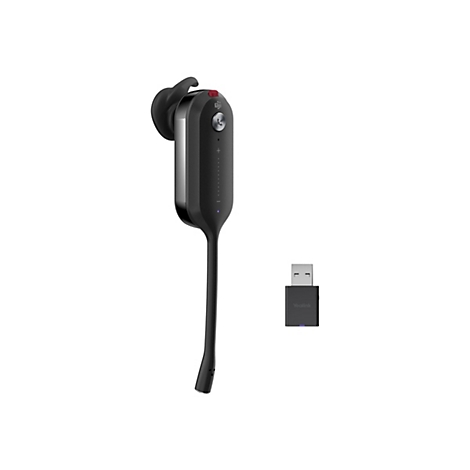 Schwarzes Headset mit USB-Adapter auf weiÃŸem Hintergrund.