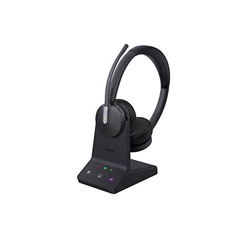Schwarzes schnurloses Headset mit Ladeschale. Der Kopfhörer steht auf einer Basis mit leuchtenden LEDs.