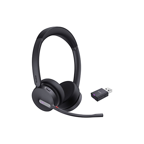 Drahtloses Headset in Schwarz, mit USB-Dongle, vor weiÃŸem Hintergrund.