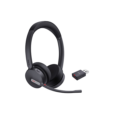 Drahtloses Headset in Schwarz mit Mikrofon und USB-Dongle. Auf weiÃŸem Hintergrund.