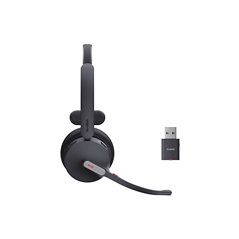 Drahtloses Headset in Dunkelgrau mit USB-Dongle. Mikrofonarm rot akzentuiert. Auf weiÃŸem Hintergrund.