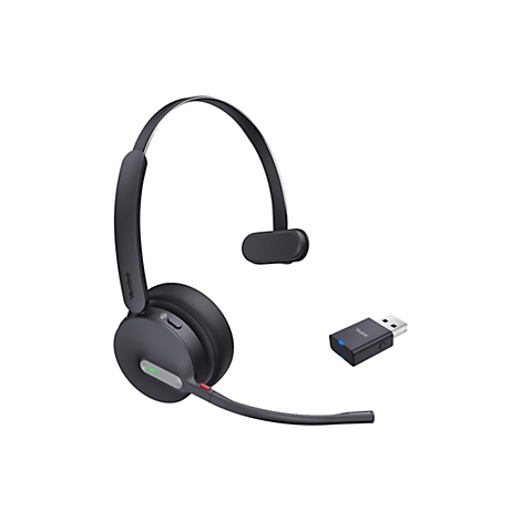 Drahtloses Headset in Dunkelgrau mit USB-Dongle. Das Headset hat ein Mikrofon, einen verstellbaren BÃ¼gel und ein Ohrpolster. Der Dongle ist mit einem blauen Licht versehen.
