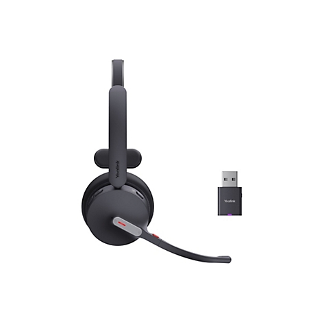 Dunkelgraues Headset mit Mikrofon und USB-Adapter, vor weiÃŸem Hintergrund. An der Seite des Mikrofons befindet sich ein rotes Element.