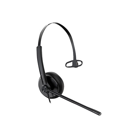 Schwarzes Headset mit Mikrofon, Detailaufnahme vor weißem Hintergrund.