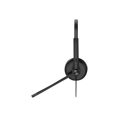 Schwarzes Headset mit Mikrofon vor weißem Hintergrund. Das Headset hat ein kreisförmiges Ohrmuschel und einen länglichen Mikrofonarm.