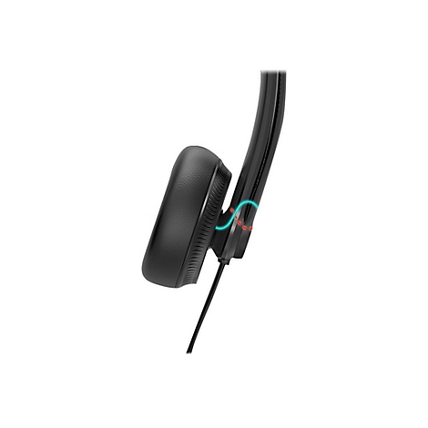 Schwarzer Kopfhörer mit Kabel. Auf der Seite sind blaue Wellen und rote Punkte abgebildet.