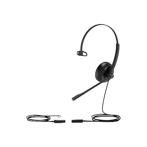 Schwarzes Headset mit Mikrofon und Kabeln auf weißem Hintergrund. Gut für Telefonate oder Kundenservice.