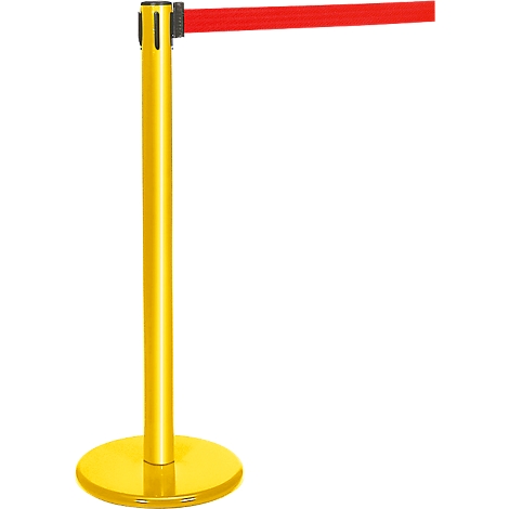 Golden barrier pole with red webbing. Pole on round base, band in horizontal direction.