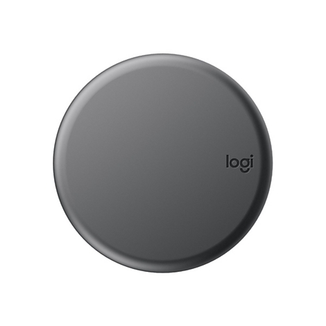 Runder, grauer, drahtloser Lader, mit Logi-Logo.