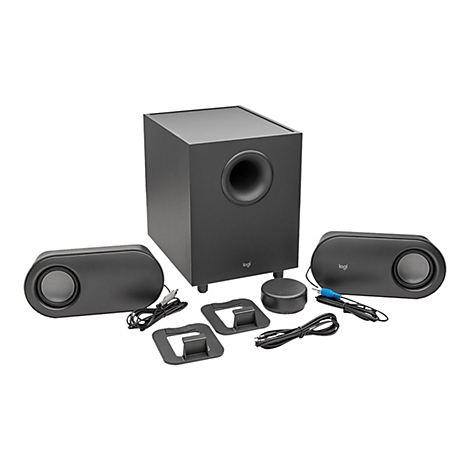Schwarzes 2.1-Lautsprechersystem, bestehend aus Subwoofer, zwei Satelliten, Bedienelementen und ZubehÃ¶r auf weiÃŸem Hintergrund.