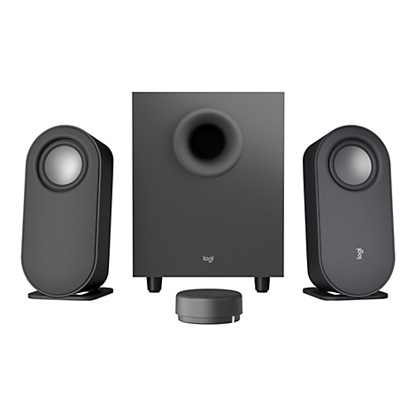 Schwarzes Lautsprechersystem mit Subwoofer, zwei Satelliten und Steuerung.