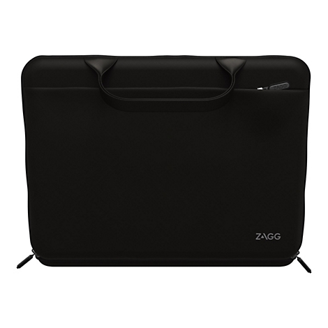 Sacoche pour ordinateur portable noire avec poignée de transport. Fermeture éclair et logo ZAGG.