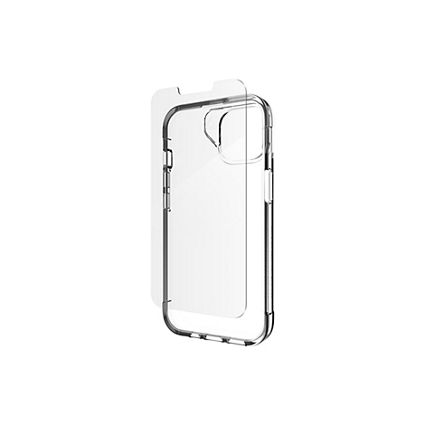 Coque de téléphone transparente avec protection d'écran, sur fond blanc. Clair, propre et minimaliste.