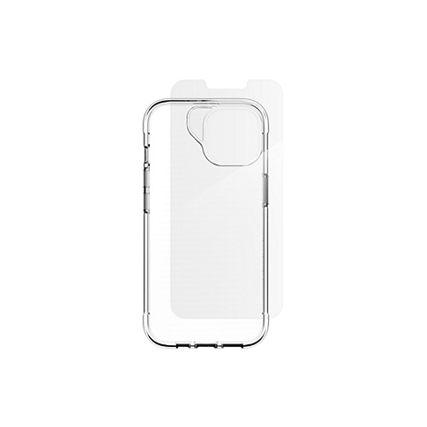 Coque de téléphone transparente avec protection d'écran assortie. Les deux sont en plastique transparent et sont présentés sur fond blanc.