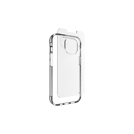 Coque de téléphone transparente et protecteur d'écran sur fond blanc.