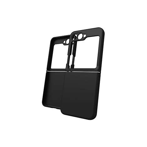 Schwarze Smartphone-Schutzhülle im geöffneten Zustand. Das Gehäuse hat rechteckige Aussparungen für Kamera und Bildschirm.