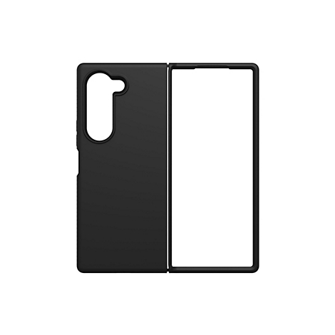 Schwarze Handyhülle, zweigeteilt, mit Aussparung für Kamera. Rechte Seite mit Rahmen für das Display.