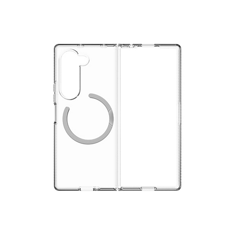 Transparente Handyhülle mit Ausschnitten für Kamera und ein halbkreisförmiges Element.