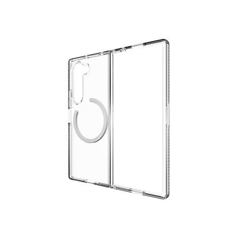 Durchsichtige Handyhülle mit MagSafe-Funktion, die zur Hälfte aufgeklappt ist. Die Hülle liegt vor weißem Hintergrund.