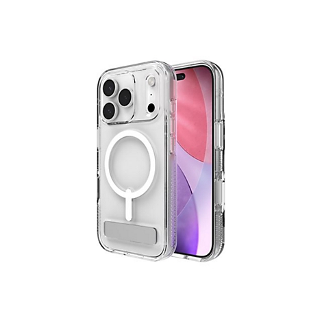 Coque de téléphone transparente avec support intégré et fonction MagSafe pour smartphone. Le smartphone est partiellement visible.