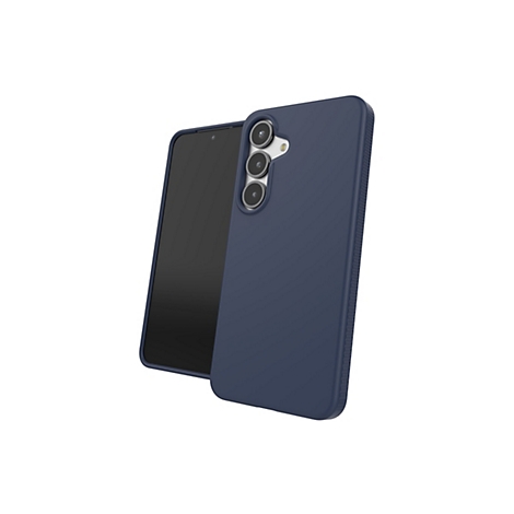 Un smartphone bleu foncé, légèrement incliné, avec un étui, montrant la caméra. À côté, l'écran.