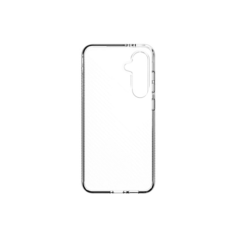 Coque de téléphone transparente. La coque comporte des découpes pour l'appareil photo et les boutons.