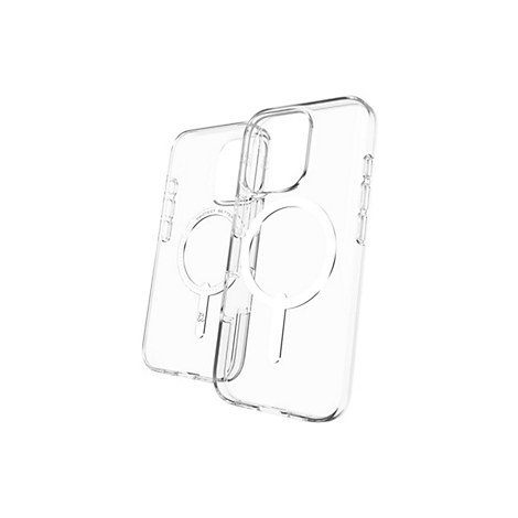 Deux coques de téléphone transparentes avec fonctionnalité MagSafe, légèrement superposées. Les deux coques ont une découpe circulaire pour le module caméra.