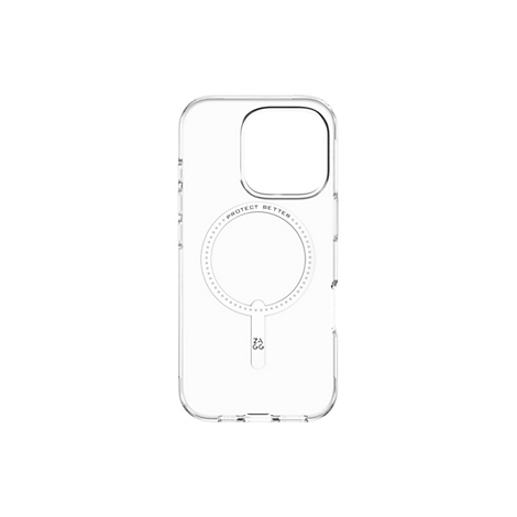 Coque de téléphone transparente avec MagSafe. L'étui comporte le texte "PROTECT BETTER" et le logo ZAGG.
