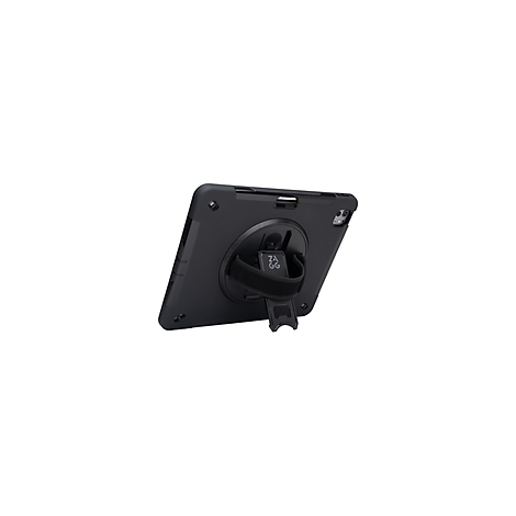 Schwarzes Tablet in Schutzhülle mit Handgelenkschlaufe und Ständer. Auf der Schlaufe ist das ZAGG-Logo.