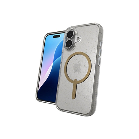 Un iPhone avec une coque sur fond blanc. La coque transparente est pailletée et possède un anneau magnétique doré au dos.