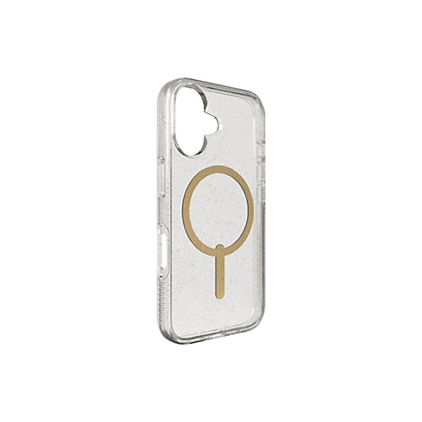 Coque de téléphone transparente avec un anneau magnétique doré. Effet pailleté.