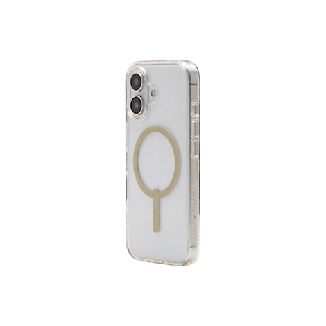 Un iPhone avec une coque transparente dotée d'un anneau et d'un support MagSafe dorés.