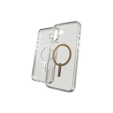 Deux coques de téléphone transparentes avec des paillettes sur fond blanc. Une coque a un anneau doré, l'autre a un anneau blanc avec une écriture.