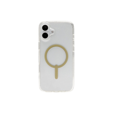 Coque de téléphone transparente avec anneau magnétique doré sur fond blanc. Deux caméras en haut.