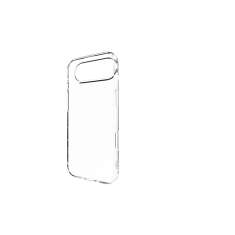 Un étui de téléphone transparent présenté en biais sur fond blanc.