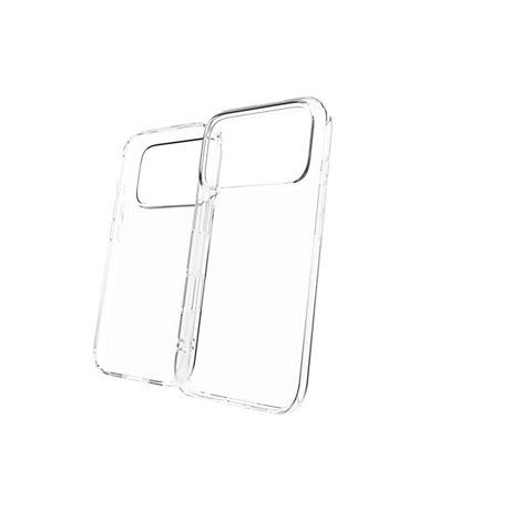 Gros plan de deux coques de téléphone transparentes, légèrement inclinées, sur fond blanc.