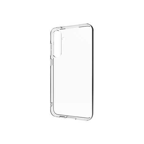 Durchsichtige Handyhülle aus Kunststoff. Die Hülle zeigt das Design des Telefons, mit Aussparungen für Kamera, Knöpfe und Anschlüsse.