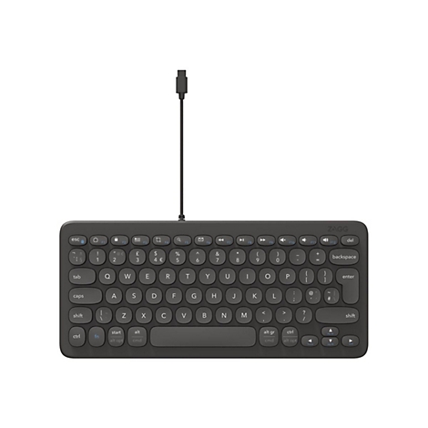 Dunkelgraue Tastatur mit USB-C Kabel. Beschriftungen in weiß, Marke ZAGG. Layout: QWERTZ.