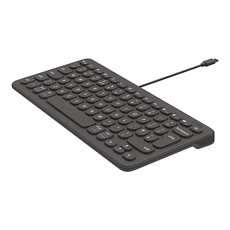 Drahtlose, schwarze Tastatur mit weißen Buchstaben. Das Kabel ist im oberen rechten Bereich angeschlossen.