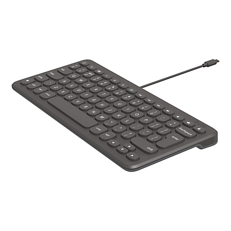 Dunkelgraue ZAGG Tastatur mit abgerundeten Tasten und Kabelanschluss. Buchstaben, Zahlen und Sonderzeichen sind klar sichtbar.