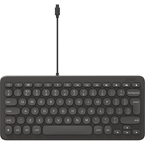 Dunkelgraue ZAGG-Tastatur mit runden Tasten und USB-Kabel.
